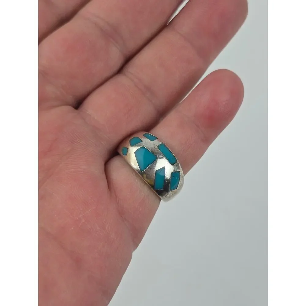 Vintage Sterling silver Band ring with Mosaic inlay Turquoise Size 7.25